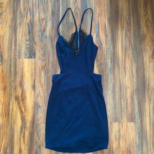 Cocktail Dress - Navy Blue/Black Lace Detail
